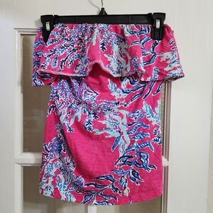 Lilly Pulitzer Off Shoulder Ruffle Top Pink Coral Print Cotton Small Style 98790